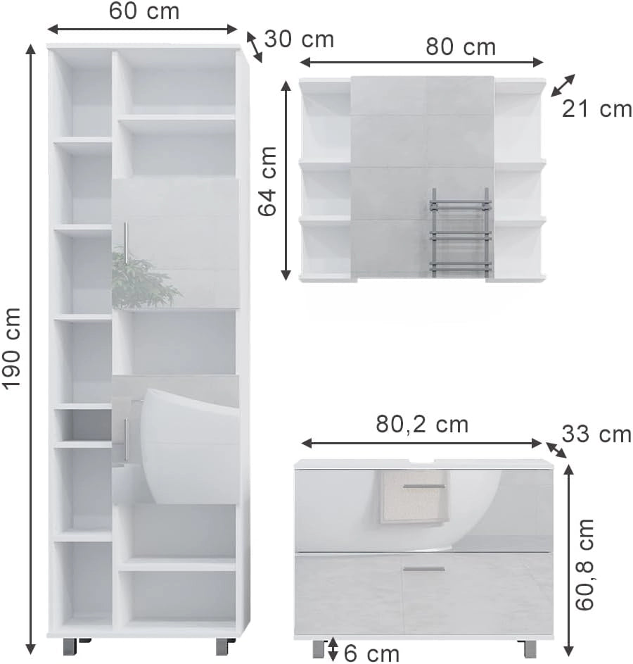 Set di mobili da bagno Ilias, Bianco lucido, 80.2 cm, composto da mobile sottolavabo, specchiera e colonna alta