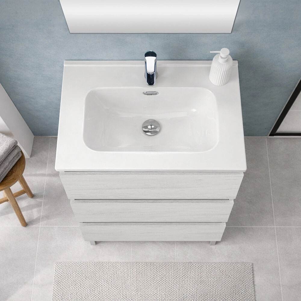 Mobile bagno a terra 60 cm in quercia bianca con lavabo Leda