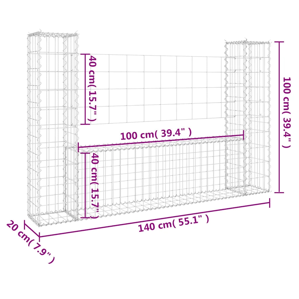 Cesto Gabbione a U con 2 Pali in Ferro 140x20x100 cm cod mxl 9933