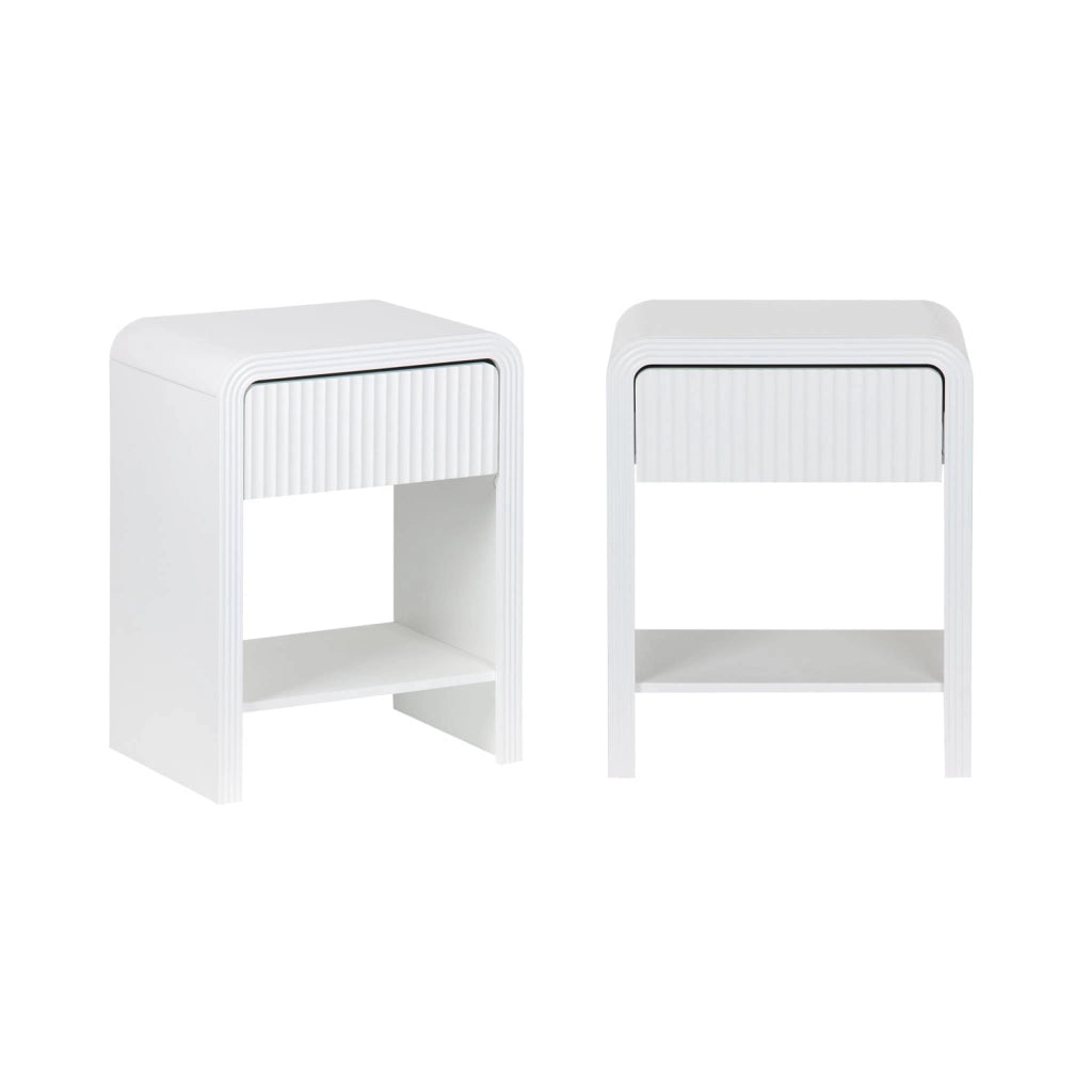 Set 2 comodini effetto legno scanalato, 1 cassetto, 1 ripiano , bianco