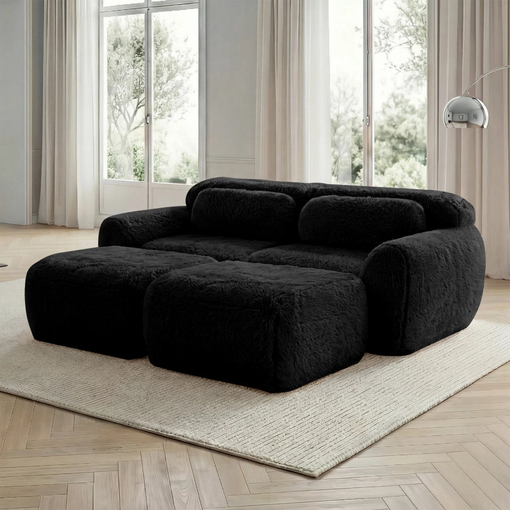 OKWISH Divano Modulare 2 Posti con 2 Pouf, senza Montaggio, Seduta Ampia e Base Antiscivolo, Peluche Nero