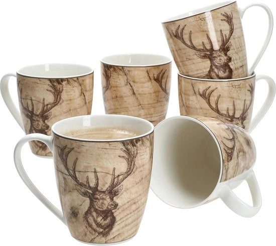Set di tazze da caffè in stile rustico con disegno di cervo - Set da 6 per bevande calde
