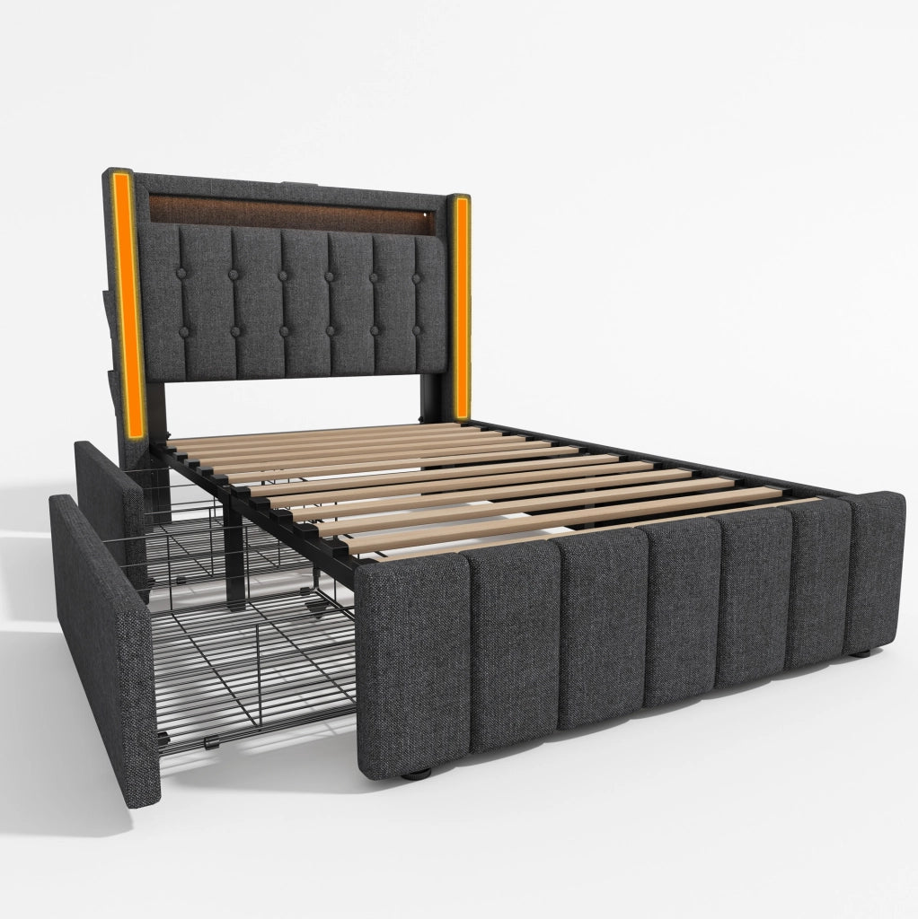 Letto singolo 90x200 cm grigio in lino, LED USB e 2 cassetti, senza materasso