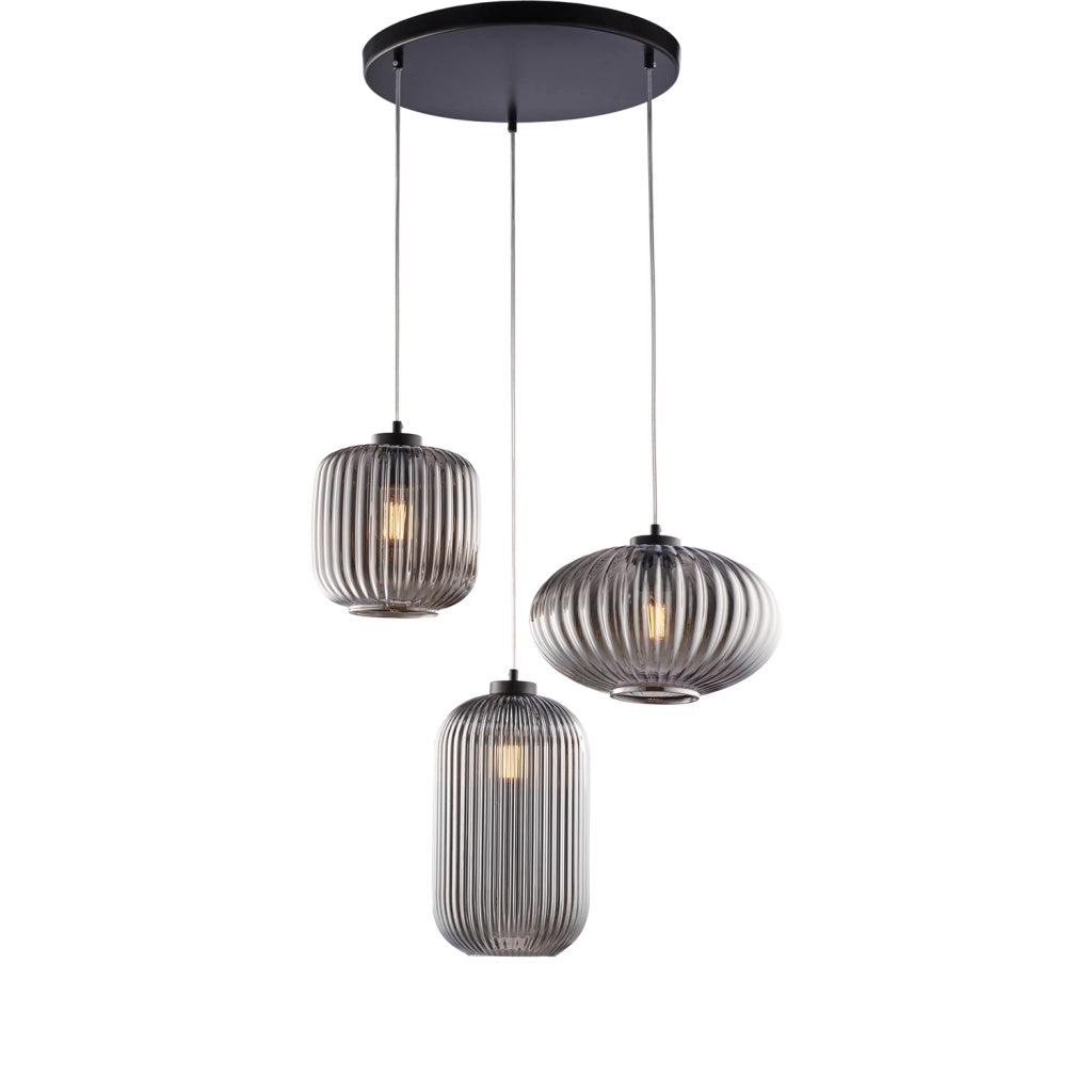 Sospensione 3 Luci Glamour Vetro Soffiato Grigio Specchiato Plissettato