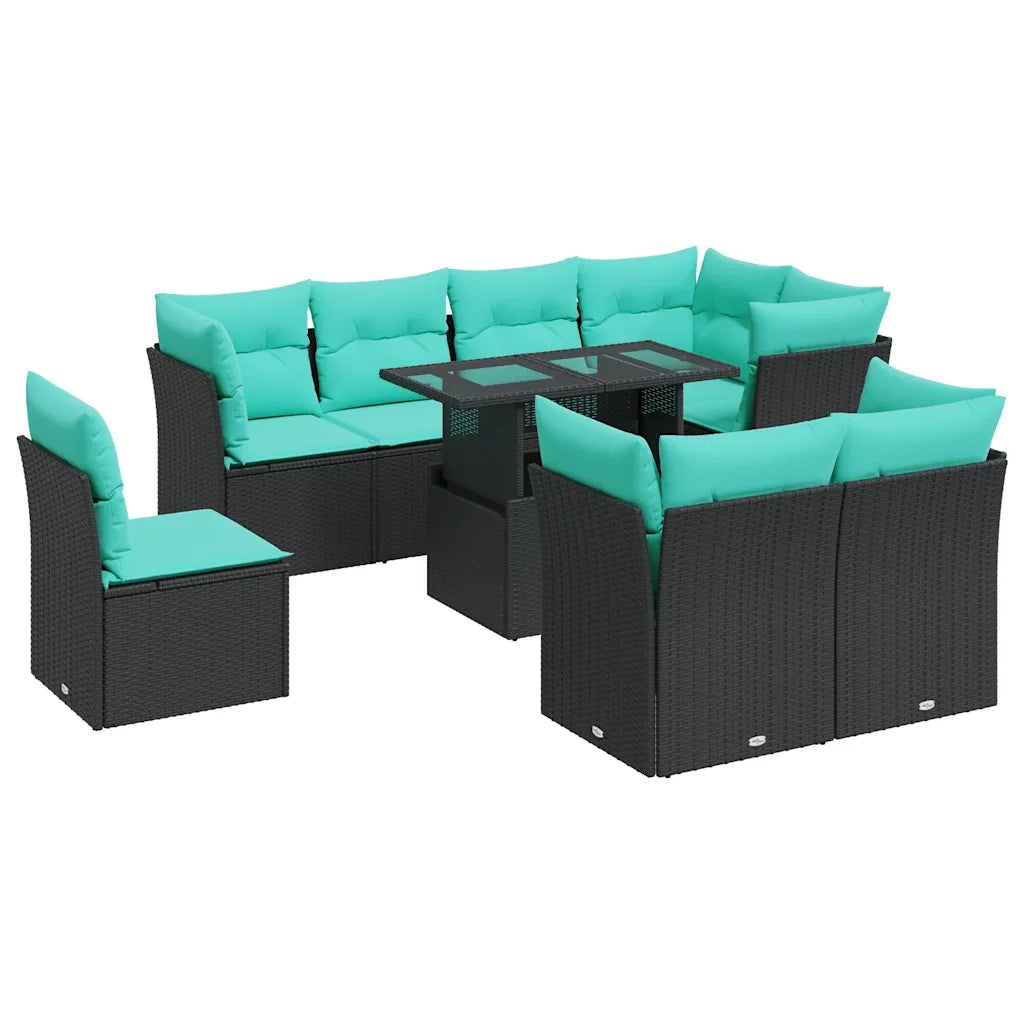 Set Divani da Giardino 9 pz con Cuscini Nero Polyrattan Acacia