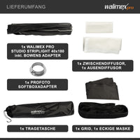 Studio Striplight Softbox 40x180cm + adattatore softbox per Profoto (diametro esterno: 15,2 cm), ruotabile a 360°, include griglia, maschera, adattatore Bowens e borsa per il trasporto