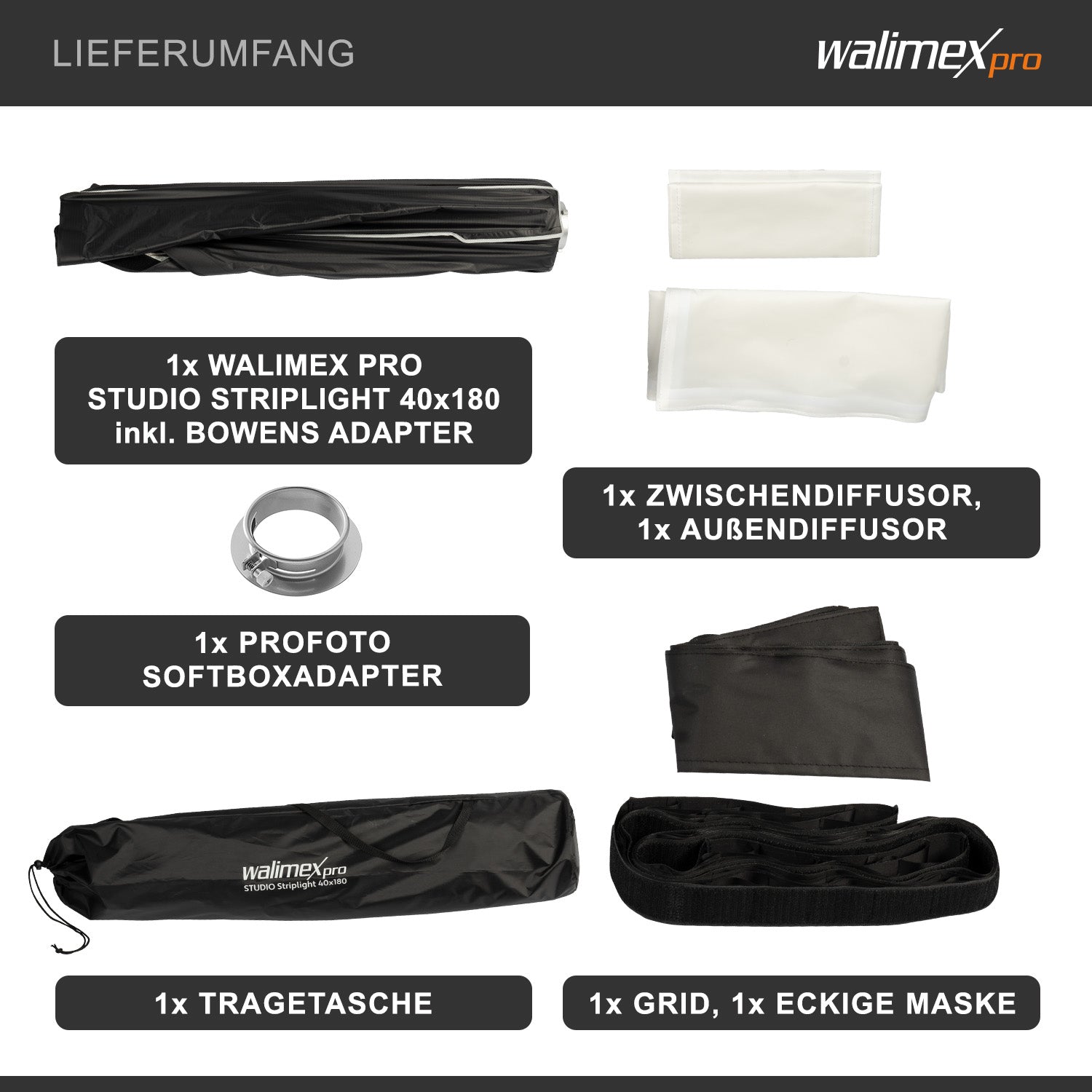 Studio Striplight Softbox 40x180cm + adattatore softbox per Profoto (diametro esterno: 15,2 cm), ruotabile a 360°, include griglia, maschera, adattatore Bowens e borsa per il trasporto