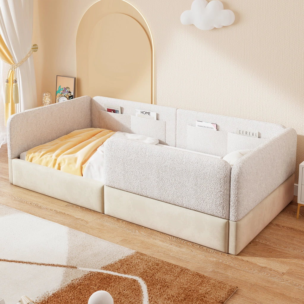 Letto singolo 90 × 200 cm con barriera di sicurezza, tasche portaoggetti, senza materasso, in MDF, bianco