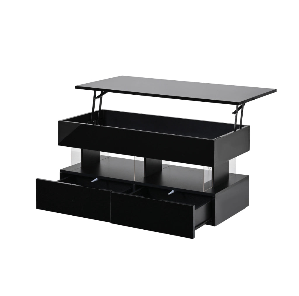Tavolino da caffè 100x50x46 cm con piano sollevabile; spazio nascosto; 2 cassetti; LED; MDF nero