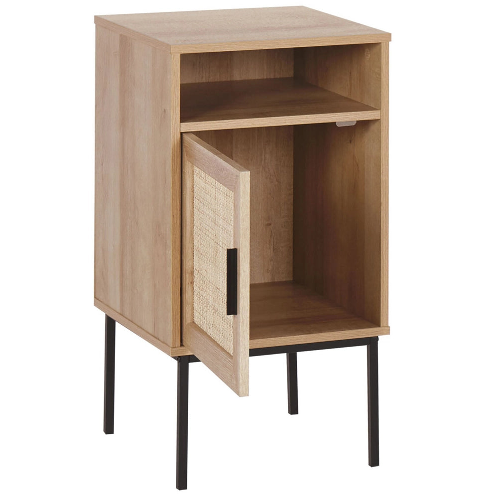 Comodino Moderno con Anta in Rattan Naturale 77 x 40 cm Legno Chiaro