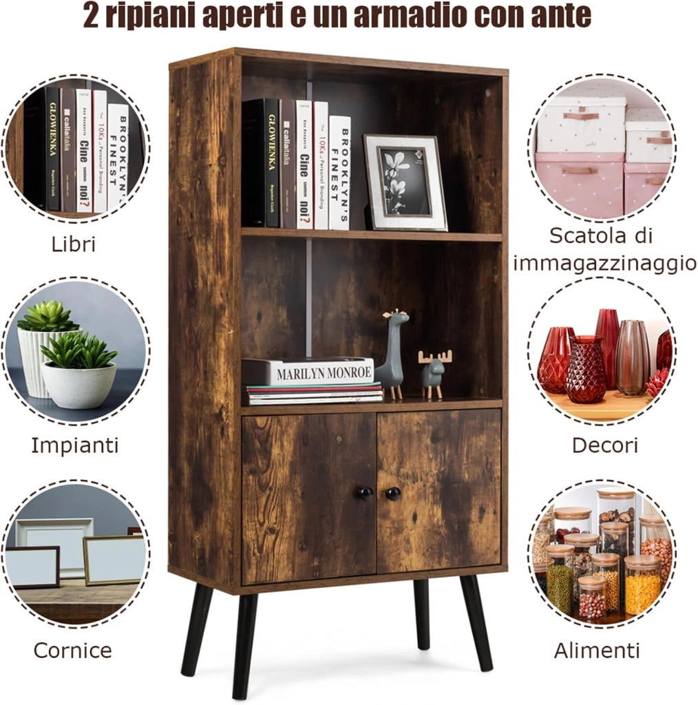 Libreria in Stile Retrò, Scaffale Portaoggetti a 2 Ripiani con Armadio, per Salotto Studio Ufficio, Marrone Vintage, 120x60x30 cm