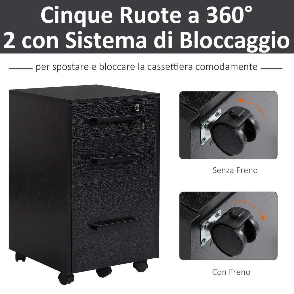 Cassettiera con 3 Cassetti e Serratura ¨C zephmum ¨C Nero, Legno, 39.2x40x65.4cm