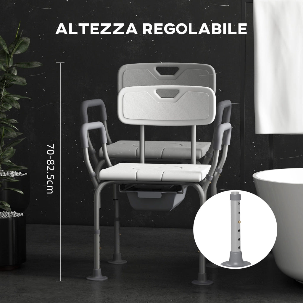 Sedia da Doccia 3 in 1 con Schienale e Braccioli Altezza Regolabile e Piedini Antiscivolo Bianco