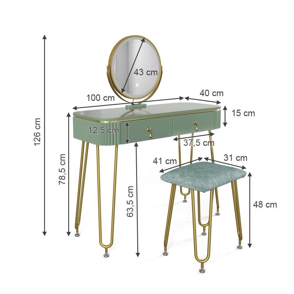 Vicco Tavolo da toeletta Verde 100 cm con illuminazione LED e sgabello