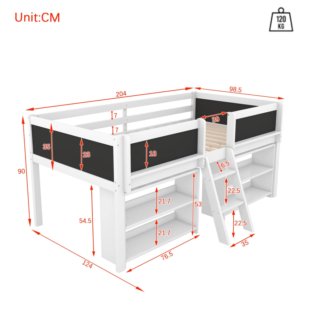 DESMIU Letto Bambino Semialto 1 Posto con Ripiani, Sponde e Scala 90 × 200 cm, senza materasso, Bianco
