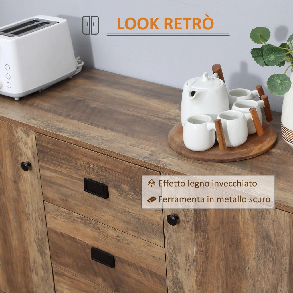 Credenza Moderna in Truciolato e Metallo con 2 Armadietti a 2 Ante con Ripiani e 3 Cassetti. 120x39.5x77 cm