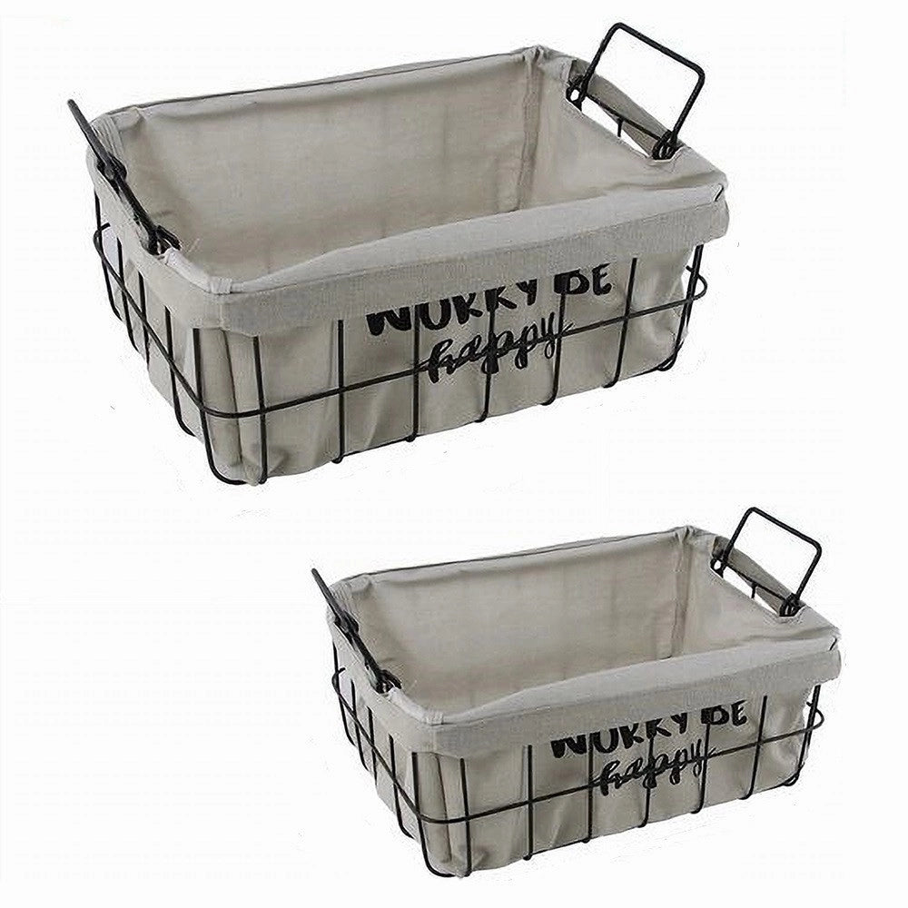 Trade Shop - Set 2pz Cestini In Metallo Con Rivestimento In Tessuto Portaoggetti Manici 10631 -