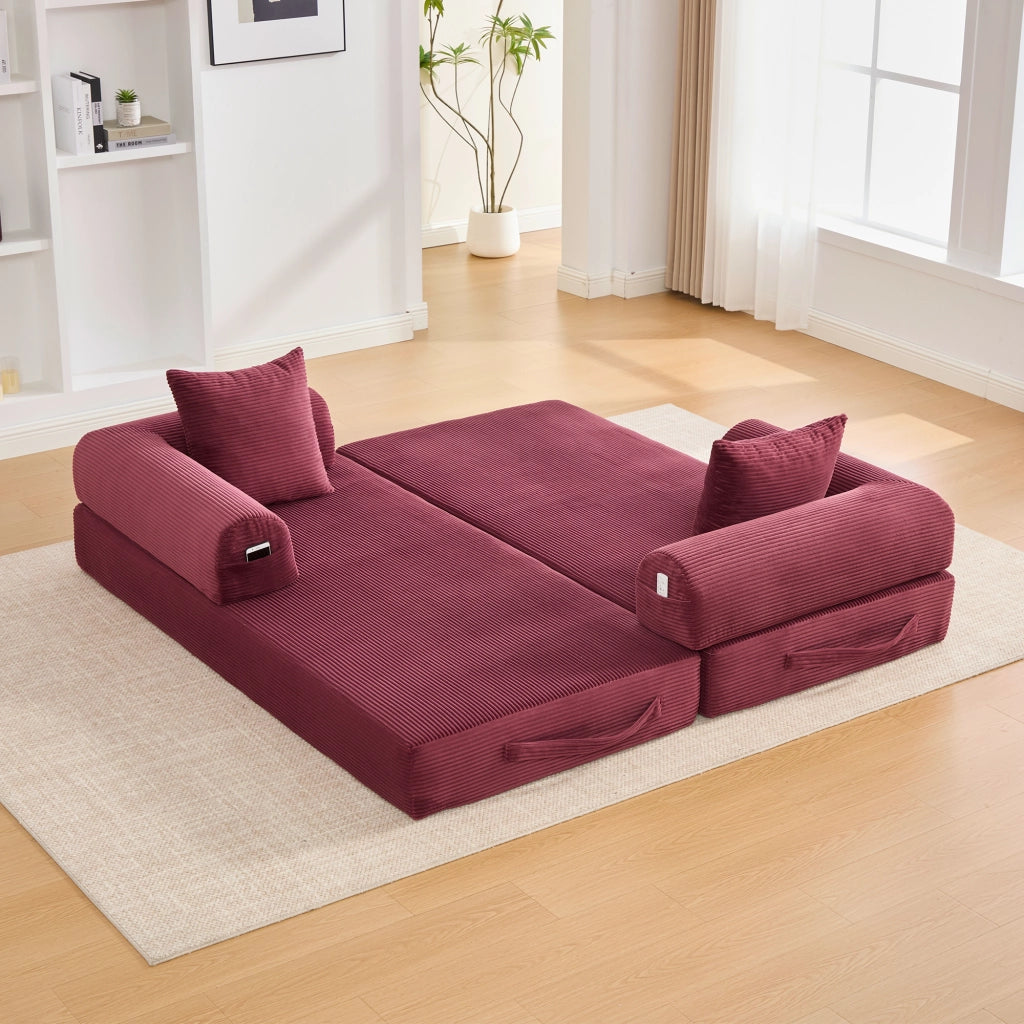 Divano modulare in velluto a coste rosso vino con 3 cuscini; 200x94x67 cm