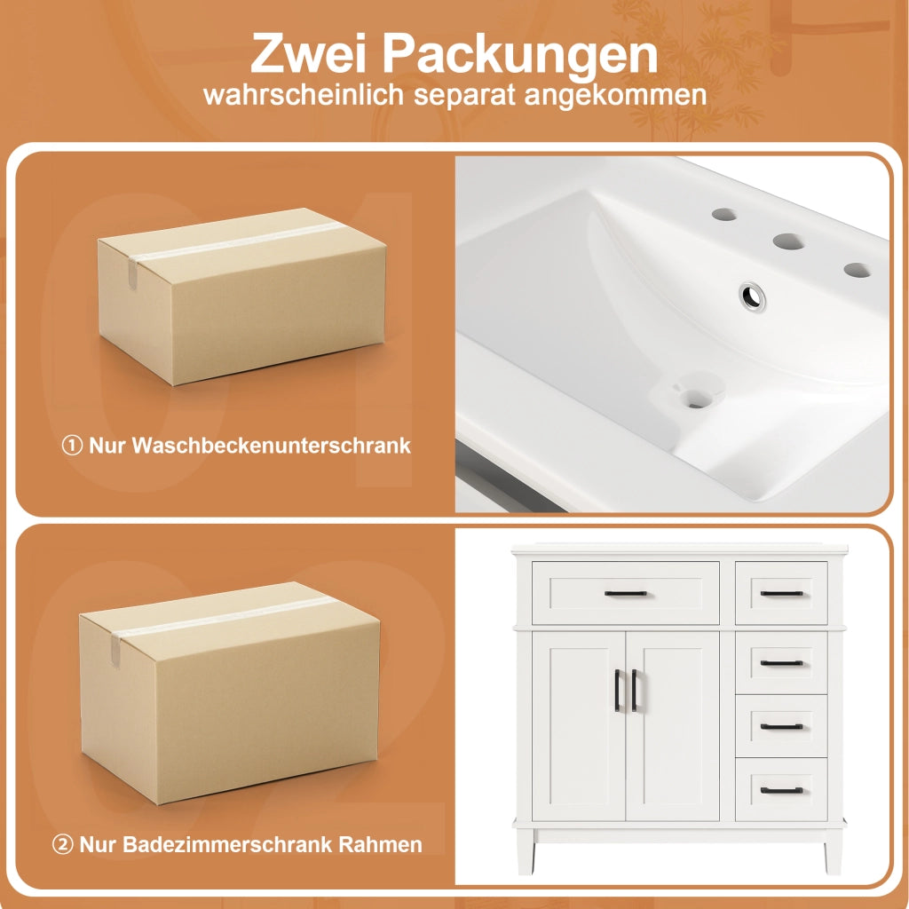 Mobile sottolavabo con lavabo in ceramica, 1 ribalta, 4 cassetti e doppia anta, per bagno, bianco, 90 × 46 × 87 cm