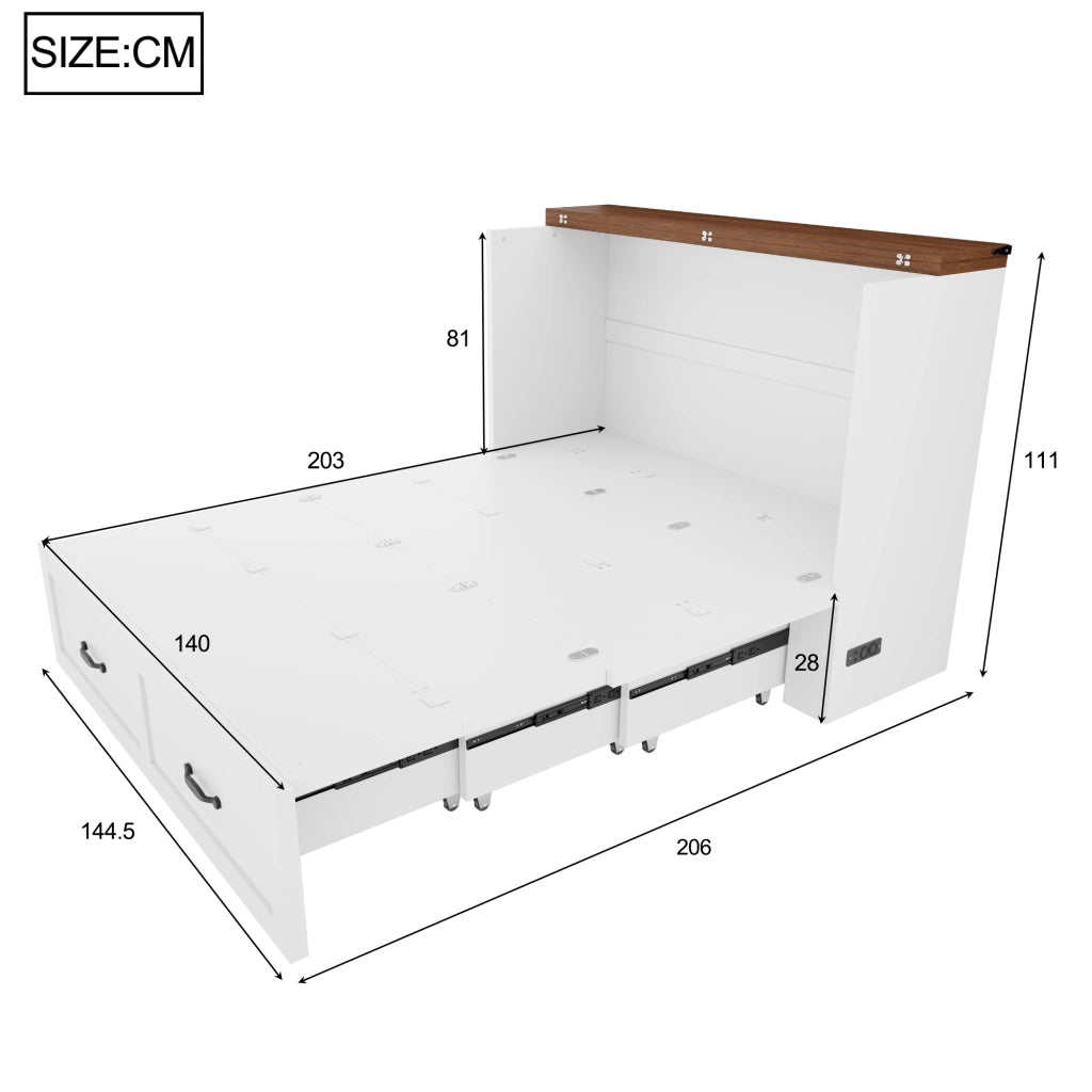 Letto a scomparsa 140 × 200 cm con presa standard UE, ruote silenziose, senza materasso, legno e metallo, bianco