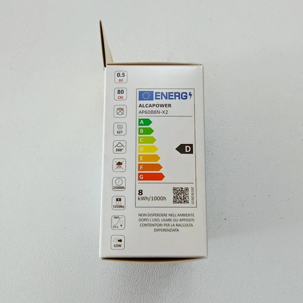Alca power a60 8w 220v 1100lm 4000k e27 lampada classica a led vetro bianco box da 2pz