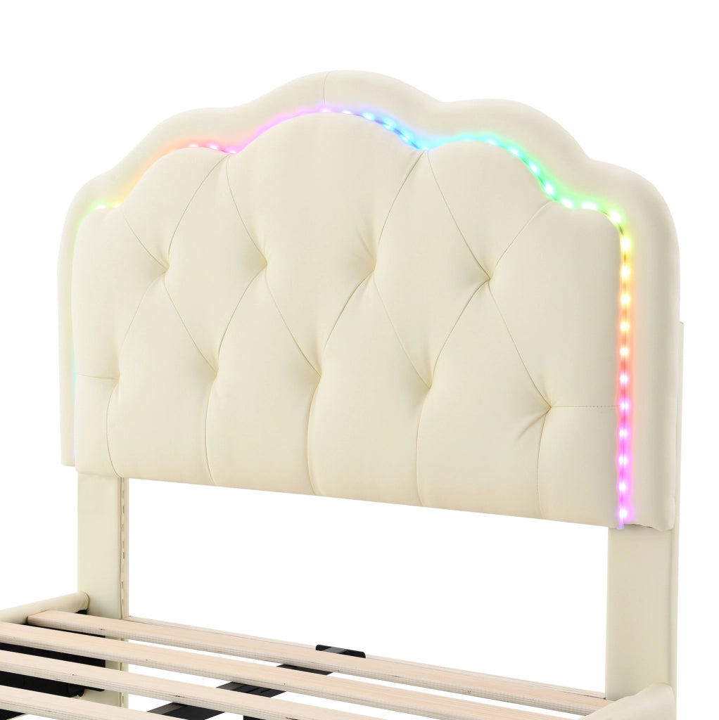 Letto imbottito 90x200 cm con testiera ondulata e LED multicolore in PU beige