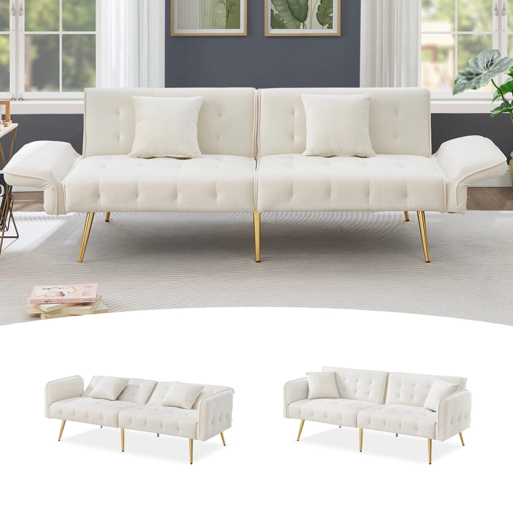 Divano letto 2 posti 215x81,5 cm bianco antico in velluto - regolabile