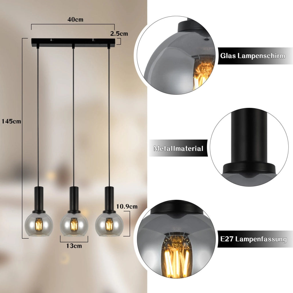 Lampada a sospensione ZMH da sala da pranzo a 3 fiamme E27 lampada a sospensione retr¨° in vetro camera da letto bar