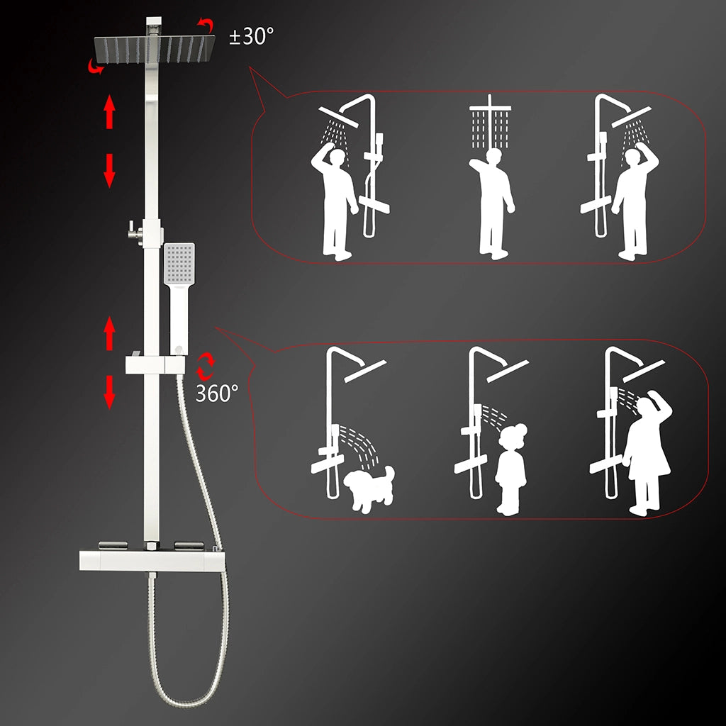 Colonne doccia cromo, soffione doccia quadrato 20x20cm acciaio inox, miscelatore termostatico doccia rettangolo antiscottature