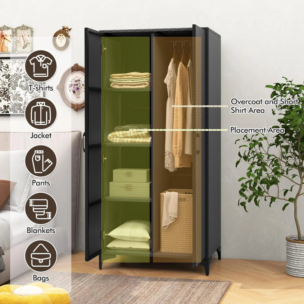 Armadietto da giardino in rattan, con 5 ripiani e mensole sospese, armadietto da terrazza con doppie porte, armadietto in rattan, 72 x 50 x 157 cm (nero)