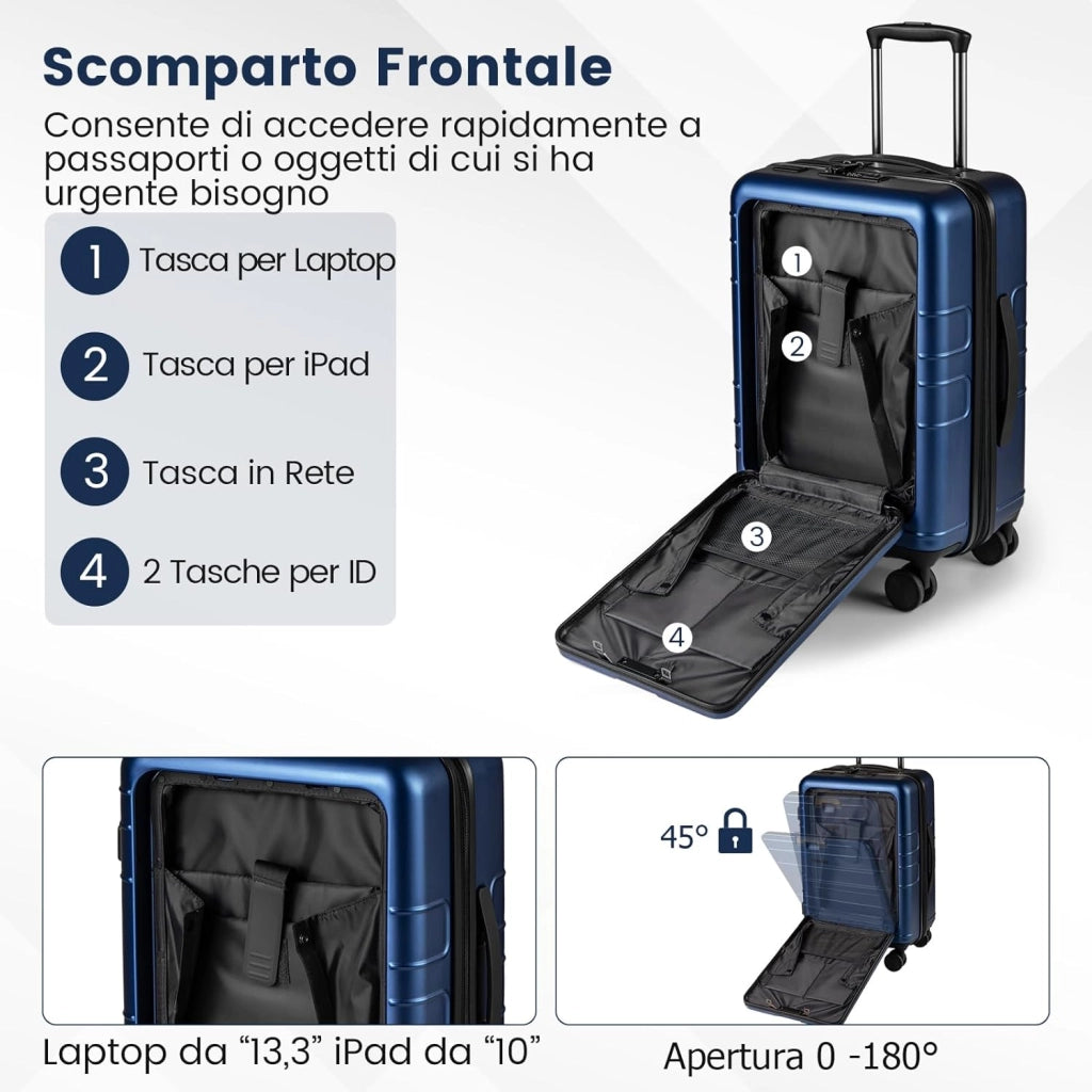 Valigia Bagaglio a Mano 20" con Tasca Frontale, Porta USB, Trolley Bagaglio a Mano con Serratura, Ruote Girevoli, Manico Regolabile (Senza Beauty + Blu Scuro)