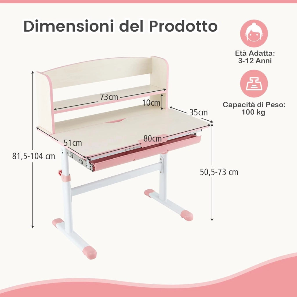 Scrivania per Bambini, Banco Scuola per 3-12 Anni Regolabile in Altezza da 50cm a 73cm con Piano Inclinabile 60°, Scrittoio Cameretta Multifunzionale con Libreria e Cassetto (Rosa)