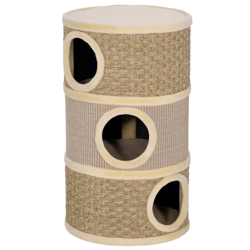 Torre tiragraffi per gatti a 3 livelli, 79 cm, con grotta e rivestimento in sisal, Khaki/Marrone