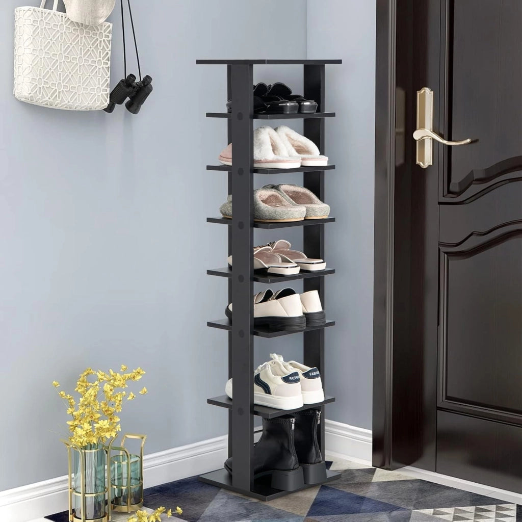 Scarpiera a 7 Ripiani, Scaffale Portascarpe in Legno con 2 Ripiani di Diverse Altezze, Scaffale Portaoggetti Multifunzione per Ingresso Soggiorno Camera da Letto, 28,5x25,5x110 cm (Nero)