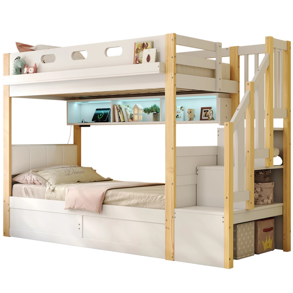 Letto a castello in legno massiccio 90x200 cm con scala contenitore, LED, USB e testiera imbottita, bianco
