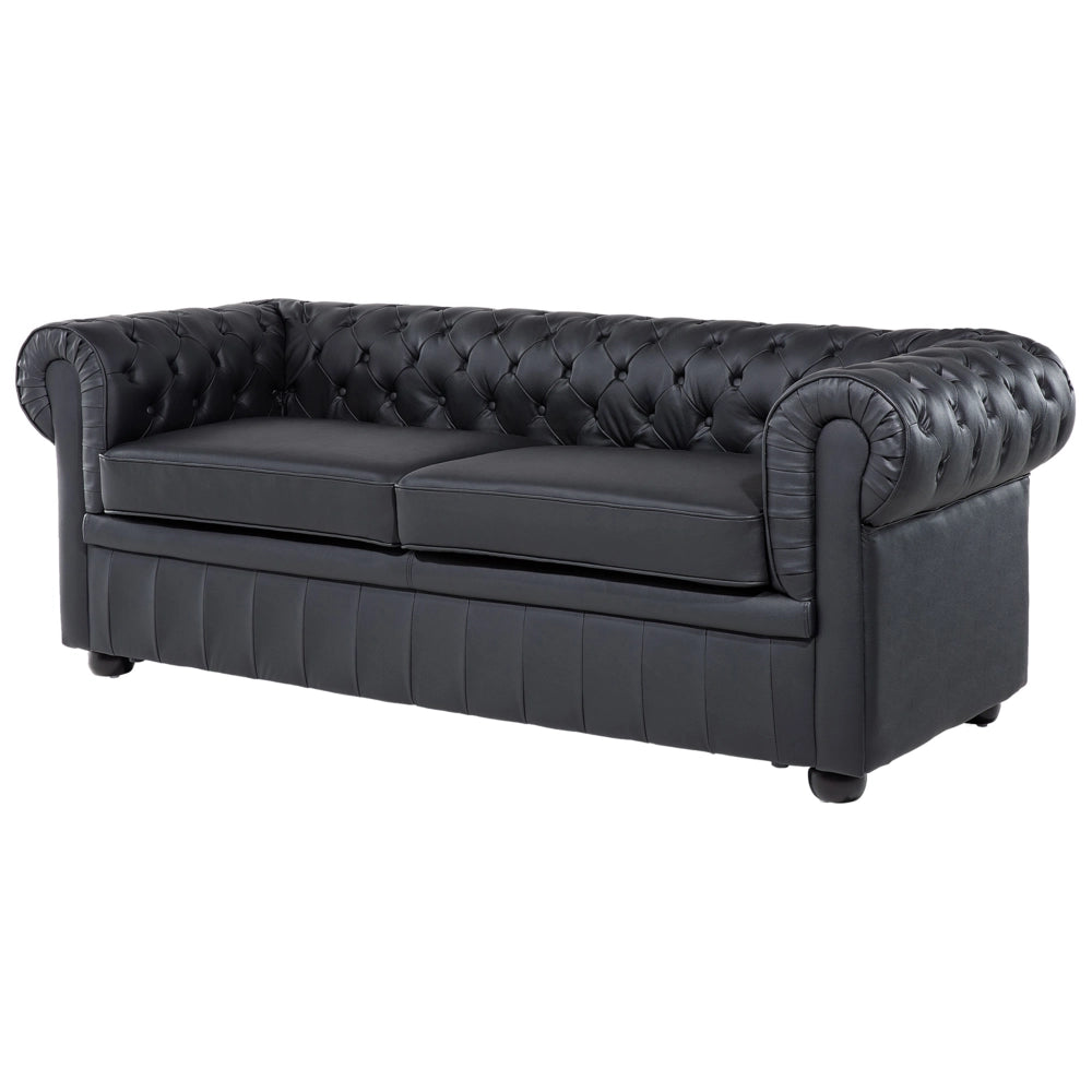 Set soggiorno Chesterfield Rivestimento in pelle nera Gambe in legno scuro Divano a 3 posti + poltrona contemporanea