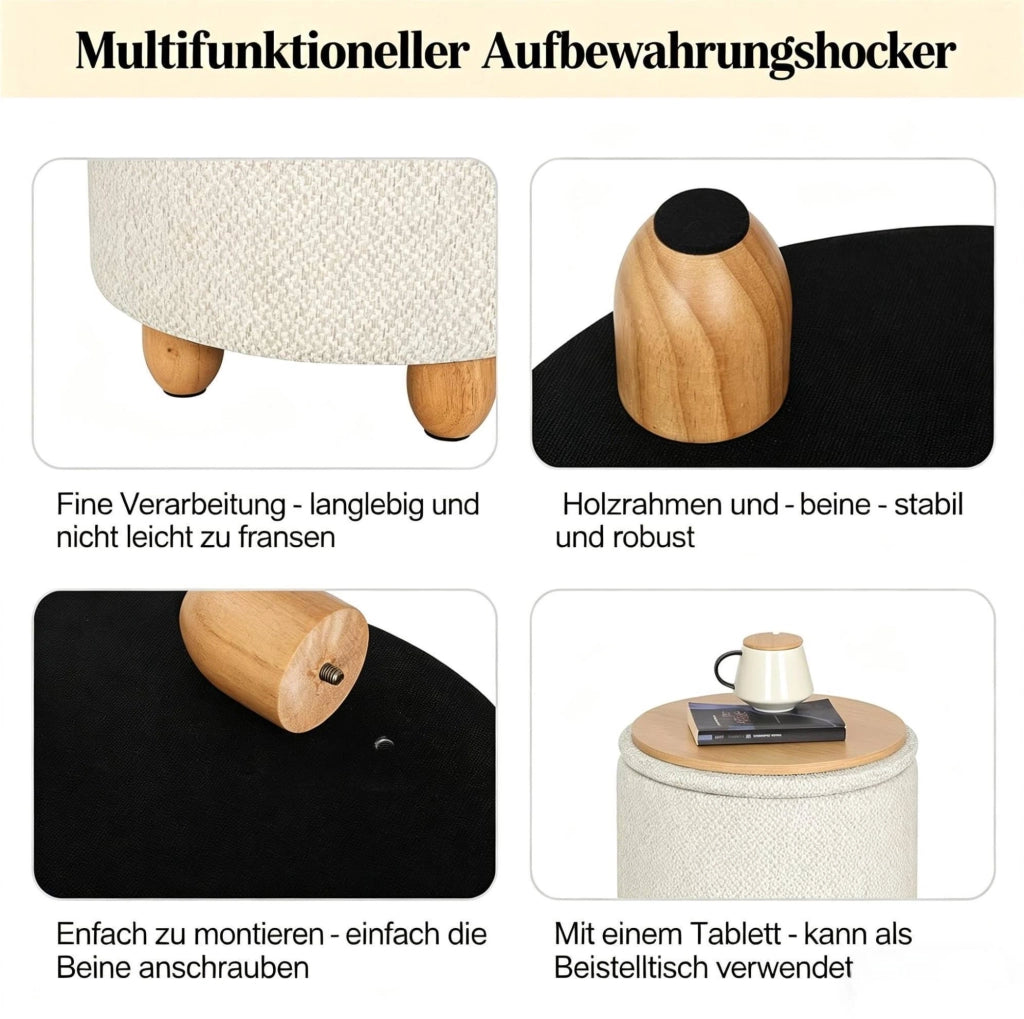 Pouf contenitore rotondo in lino color crema con vassoio