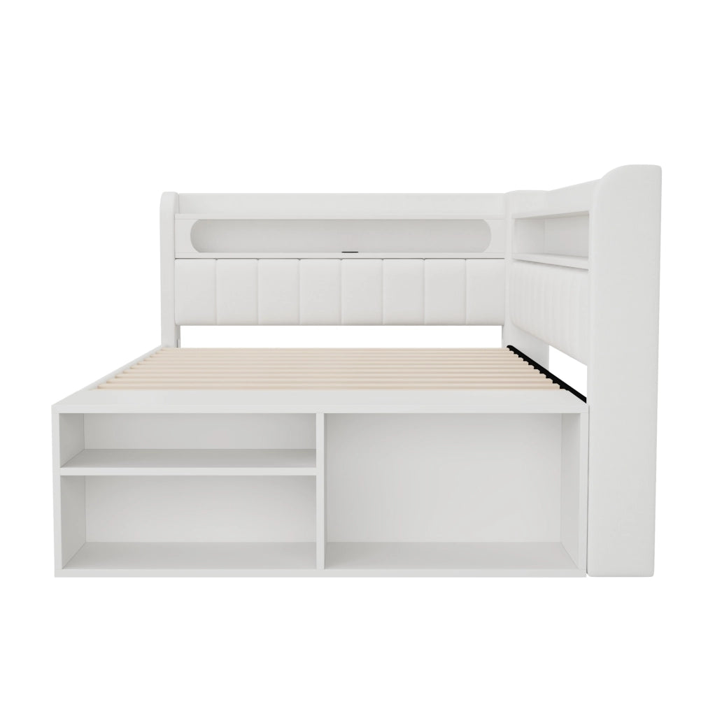 Letto imbottito 90x200 cm bianco con LED 7 colori, USB, 2 cassetti e scarpiera
