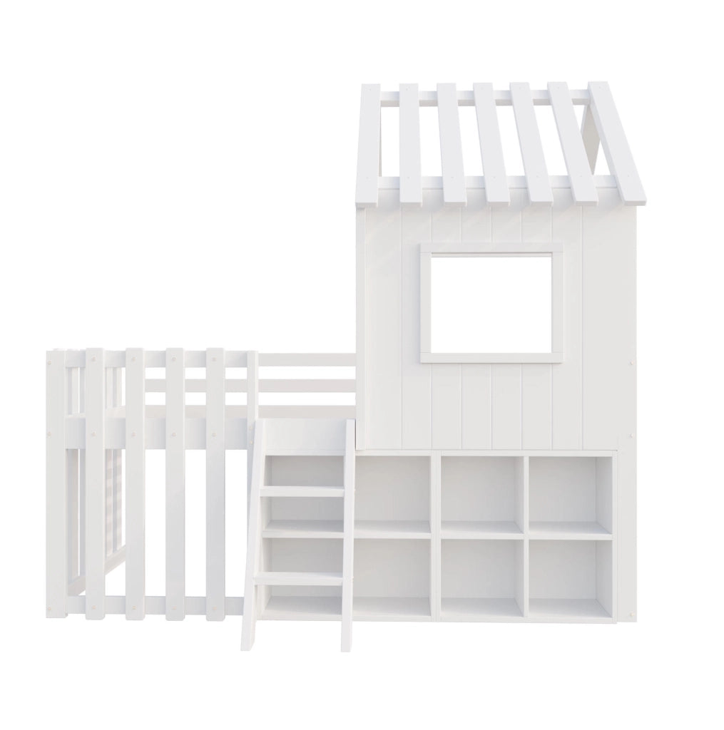 Letto a soppalco per bambini 90x200 cm con tetto e contenitori; bianco