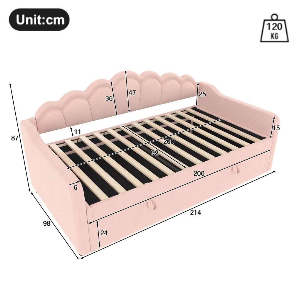 OKWISH Letto Divano 90×200 cm, Letto Singolo con Contenitore, LED Multicolore e Telecomando, senza Materasso, in Velluto, Rosa
