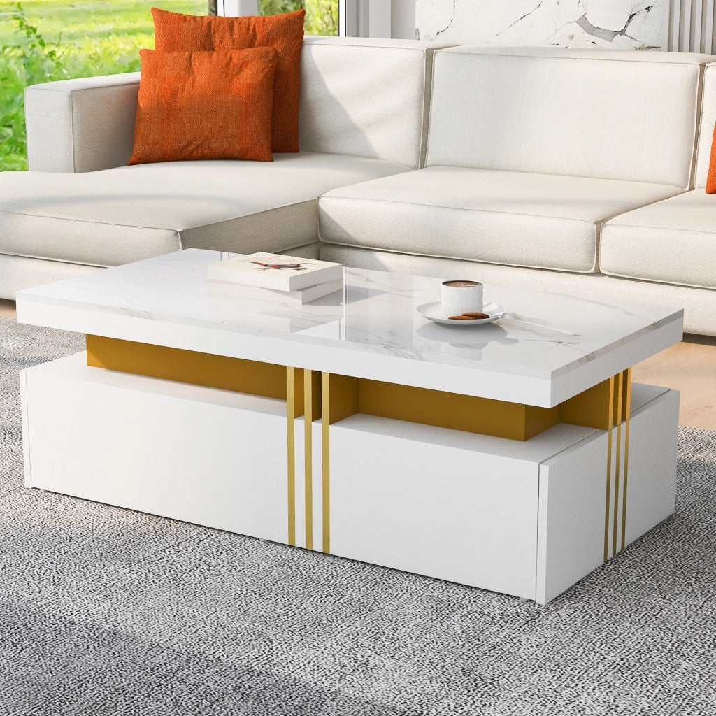 Tavolino da caffè rettangolare con 2 cassetti; piano lucido effetto marmo e bordo laterale in metallo; bianco 100 × 50 × 40 cm