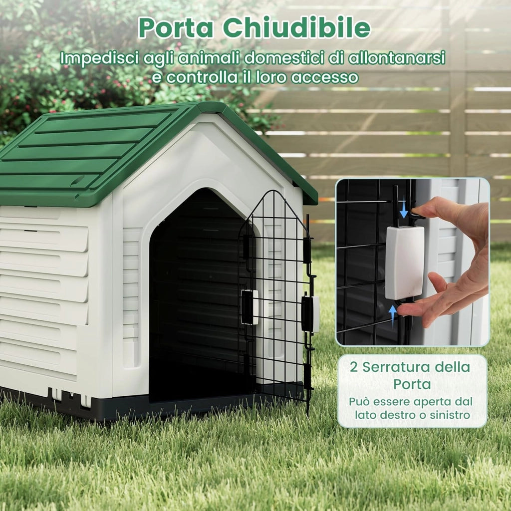 Cuccia per Cani da Esterno ed Interno, Casetta per Cani Impermeabile con Porta in Metallo Bloccabile e Prese d'aria e Tetto Spiovente, Cucce per Cuccioli per Casa, 66,5 x 52 x 60 cm (Verde)