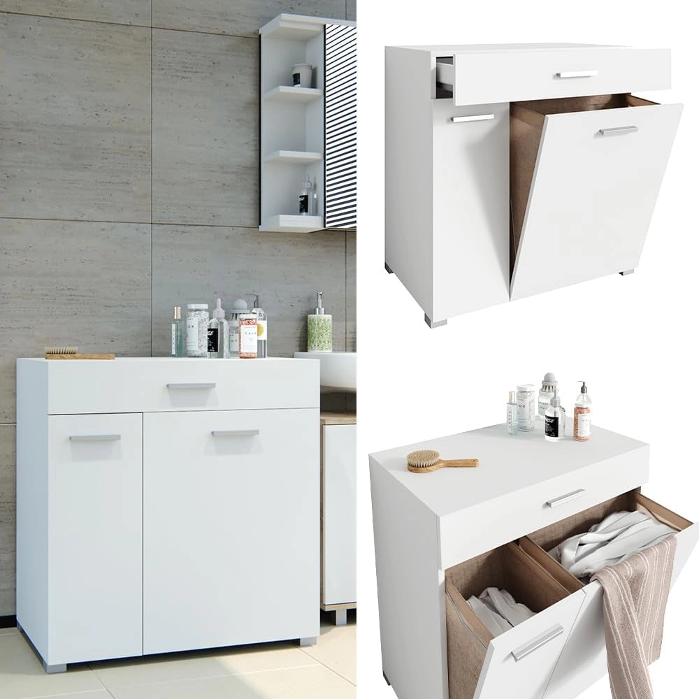Armadietto da bagno con portabiancheria Matteo, Bianco, 75 x 78.5 cm, con cesto della biancheria integrato e soluzione salvaspazio