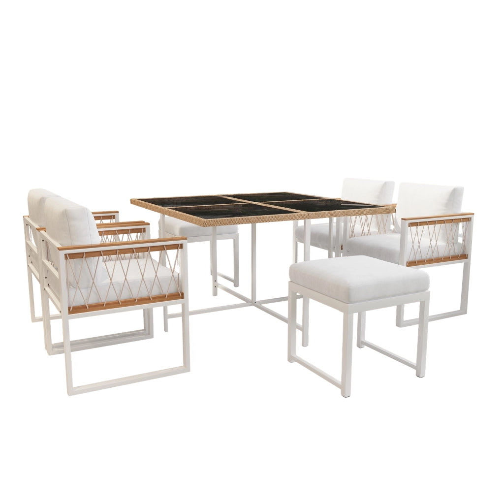 Set Mobili da Giardino 7 Pezzi 6 Posti ¨C MINIMAL ¨C Polyrattan, Piano in Vetro, WPC