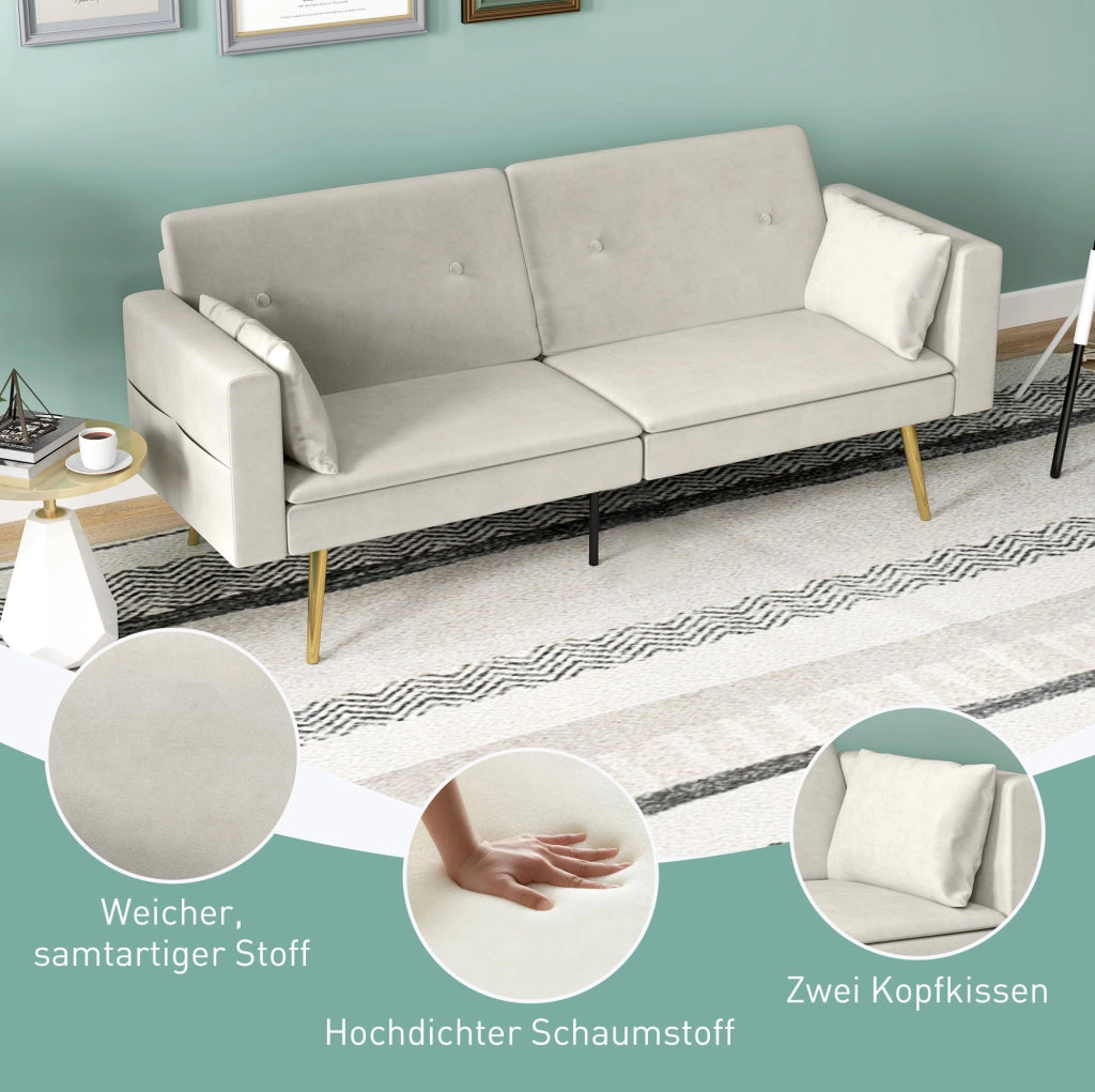 Divano letto 2 posti beige con schienale reclinabile e tasche laterali