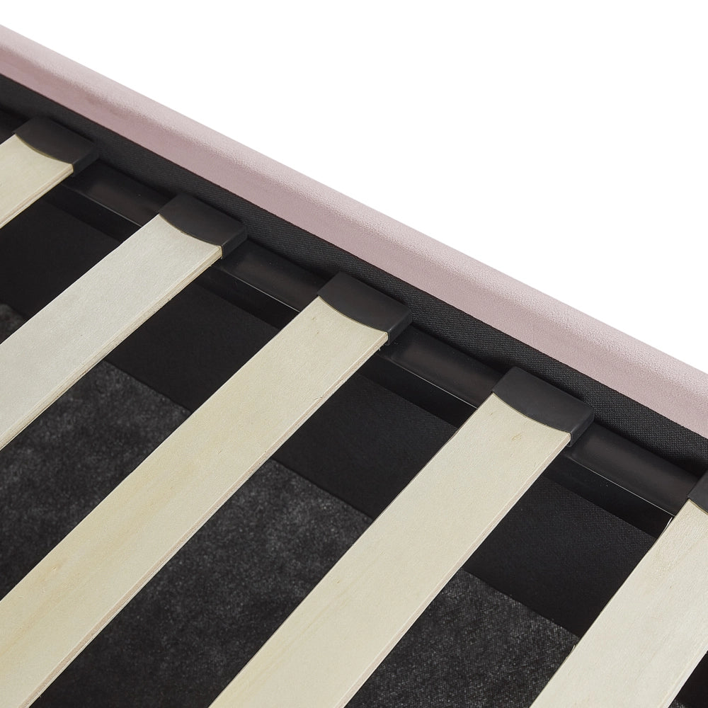 Letto contenitore matrimoniale rete a doghe velluto rosa 140 x 200 testiera a conchiglia