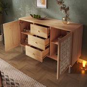 Credenza in MDF e metallo 120x40x75 cm con 2 ante e 3 cassetti, rovere