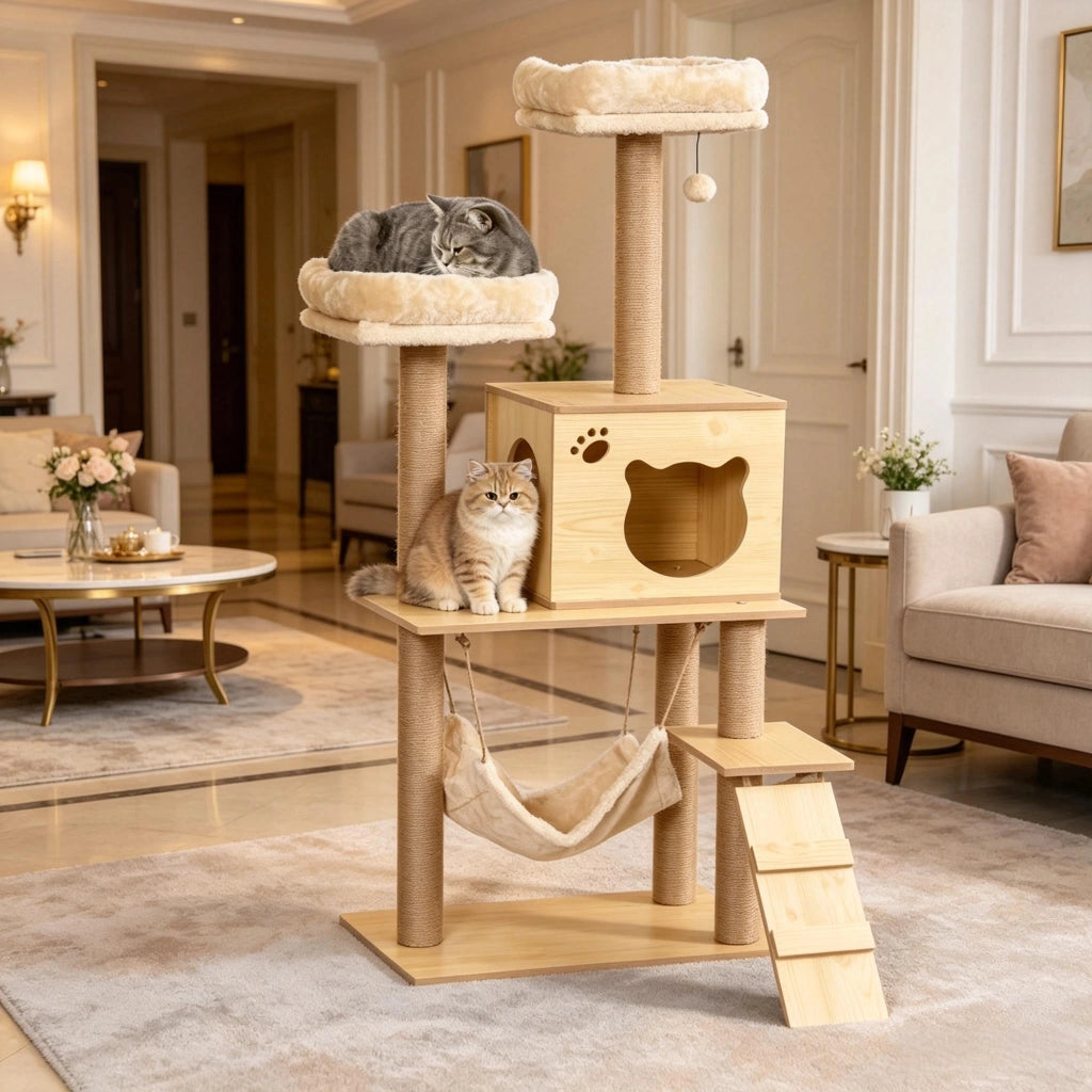 Albero Tiragraffi per Gatti Multilivello in Truciolare e Peluche, Beige/Marrone, 60x40x130 cm