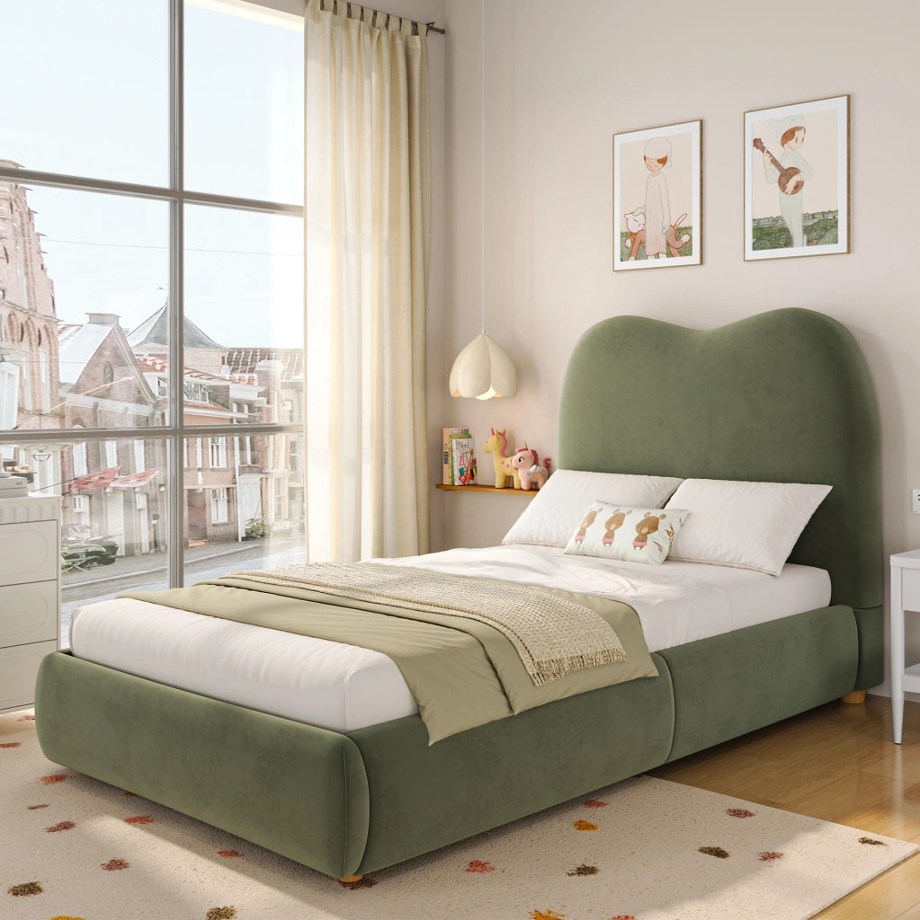 Letto singolo imbottito 90x200 cm con contenitore e rete a doghe; velluto verde