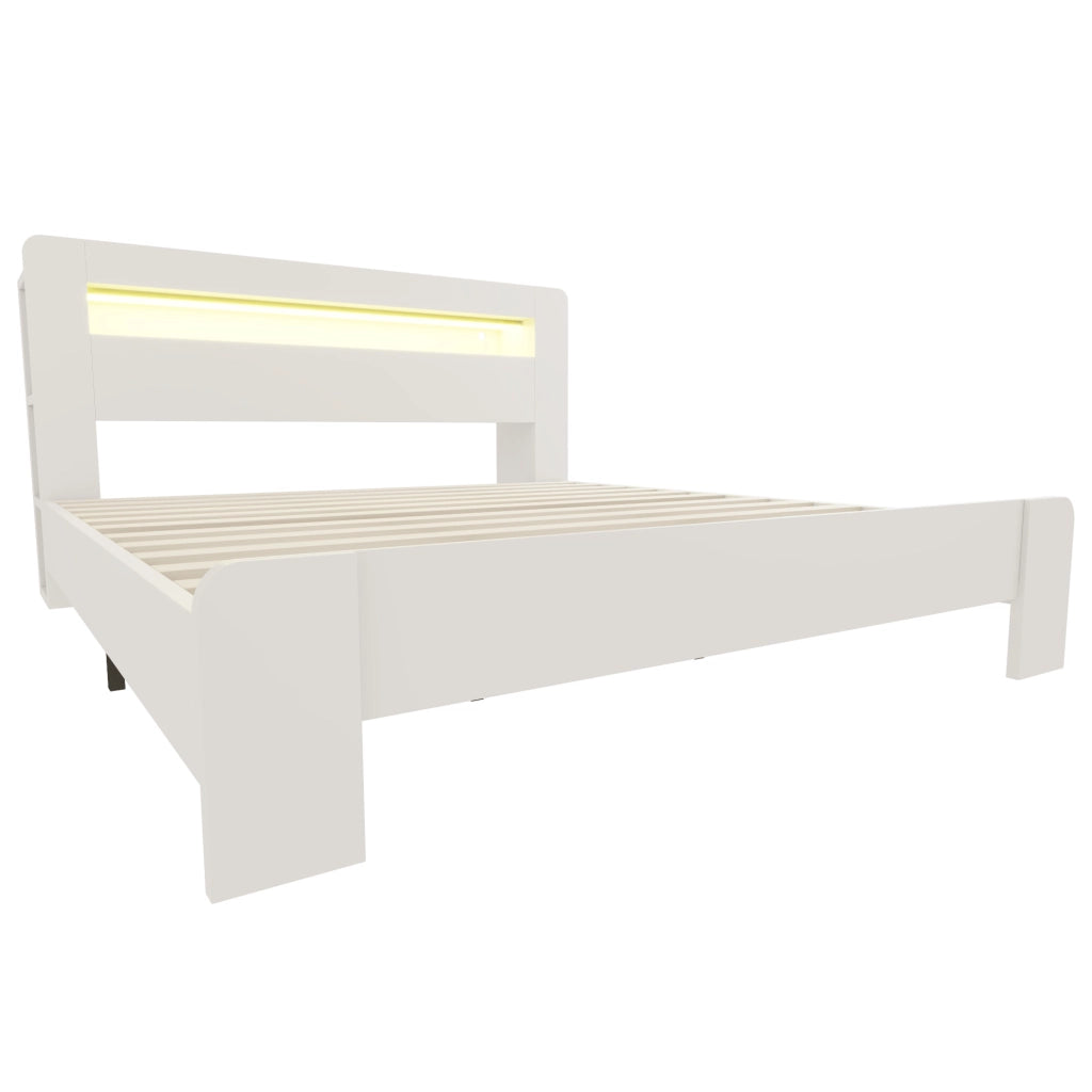 Letto 180x200 cm con contenitore in testiera; LED e prese in legno bianco